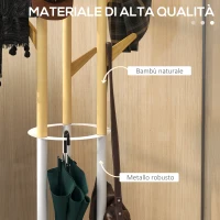 HOMCOM Appendiabiti da Terra di Design con Portaombrelli e 12 Ganci, Metallo e Bambù, 30.5x30.5x174.5cm, Legno e Bianco(m-6)