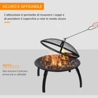 Outsunny Braciere da Giardino con Coperchio Parascintille e Attizzatoio, Piedini Pieghevoli Salvaspazio, Ф55x39.5cm Nero(m-5)