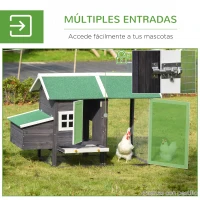 PawHut Gallinero de Madera Exterior Jaula Cercada para Gallinas con Caja Nido Corral de Metal Techo Asfáltico Bandeja Extraíble Ventana y Rampa 170x81x110 cm Gris(m-5)
