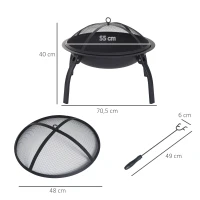 Outsunny brasero cheminée foyer extérieur 71L x 71l x 40H cm pieds rétractables grille à charbon couvercle tisonnier métal noir(m-3)