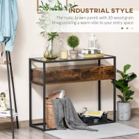 HOMCOM Entryway Console Table, Industrial Style Sofa Table with Drawers,Tempered Glass Top,Robust Steel Frame, Easy Assembly, for Living Room, Hallway, Rustic Brown and Black(m-4)