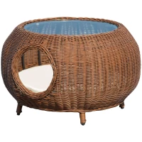 PawHut Panier chat cosy grand confort table basse 2 en 1 coussin amovible déhoussable résine tressée marron(m-1)