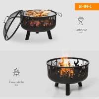 Outsunny 2-in-1 Feuerschale Feuerkorb Feuerstelle mit Funkenschutz Grillrost Garten BBQ Schwarz Ø61,5 x 52H cm(m-4)
