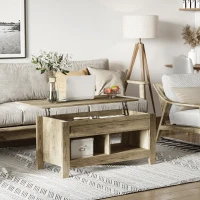 HOMCOM Table basse plateau relevable, table de salon avec étagères et compartiment caché,105 x 50 x 49-62,5 cm pour salon, chambre, aspect chêne clair(m-7)