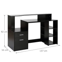 HOMCOM Schreibtisch mit Regal Computertisch Bürotisch mit Tischplatte für Drucker Schublade MDF Metall Schwarz 137 x 55 x 92 cm(m-3)