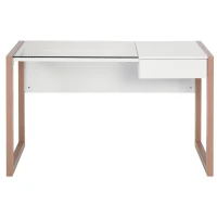 HOMCOM Scrivania Moderna di Design in Legno e Vetro Temperato con Cassetto, Bianca e Color Legno, per Ufficio, 120x60x75cm(m-10)