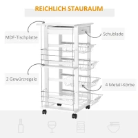 HOMCOM Küchenwagen, 5 Ebenen Servierwagen mit Arbeitsplatte, Rollwagen, Küchenregal mit Rollen, Schublade und Metallkörben, Kiefernholz Weiß 47 x 37 x 83 cm(m-4)