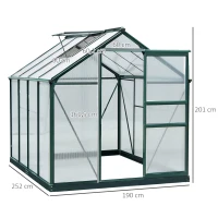 Outsunny Gewächshaus, Treibhaus, mit Dachfenster, Schiebetür, transparent, Polycarbonat+Aluminium, 190 x 252 x 201cm(m-3)