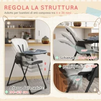 ZONEKIZ Seggiolone Pappa Pieghevole per Bimbi da 6-36 Mesi, Altezza Regolabile e Schienale Reclinabile, Nero e Bianco(m-4)