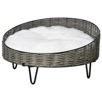PawHut Cama para Perros Gatos de Mimbre Redonda Cesta Ratán para Mascotas Pequeños con Cojín Lavable y Patas Elevadas de Acero Ø60x32 cm Gris y Blanco(m-11)