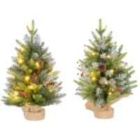 HOMCOM Set of Two 2ft Christmas Trees, with Lights, Berries and Pinecones(m-1)