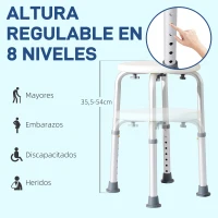 HOMCOM Taburete de Ducha de Aluminio con Altura Regulable Antideslizante Carga 136 kg para Ancianos y Discapacitados(m-5)