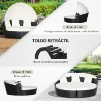Outsunny Isla de Ratán Modular para Exterior 5 Piezas Tumbona Redonda con Toldo Plegable Cojines Extraíbles Lavables y 3 Almohadas Marco de Metal 175x180x147 cm Negro y Beige(m-5)