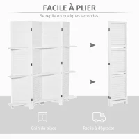 HOMCOM Paravent intérieur en bois 4 panneaux 160 x 170 cm, séparateur de pièce pliable avec 3 étagères, cloison de séparation pour salon, chambre à coucher, maison, blanc(m-5)
