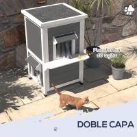 PawHut Casa para Gatos de 2 Niveles 60x60x81,5 cm con Cueva Cortina de Puerta Aleros Impermeables y Terraza Gris y Blanco(m-5)