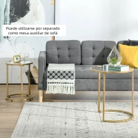 HOMCOM Juego de 2 Mesitas Auxiliares Anidadas con Estructura de Metal y Encimera de Cristal Ø50x58 cm y Ø37x51 cm Dorado(m-7)