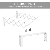 HOMCOM Tendedero de Pared Extensible de 63,5 cm Tendedero de Ropa de Metal con 5 Barras para Interior y Exterior Baño Balcón Carga 10 kg 63,5x60x20 cm Blanco(m-5)