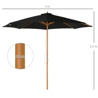 Outsunny 3(m) Garden Parasol, Pulley Operated Patio Umbrella, Wooden Table Market Umbrella with Rope Pulley Mechanism and 8 Ribs, Black(m-3)
