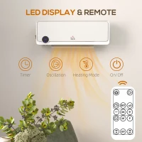 HOMCOM Wall Downflow Heater 2 Heat and Fan 1000W/2000W, Electric Space Heater with Timer Remote Oscillating, for Bedroom Home Office, White(m-5)