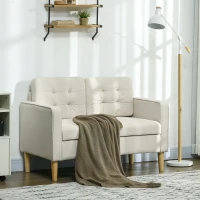 HOMCOM Modern Loveseat Sofa, Compact 2 Seater Sofa with Hidden Storage, 117cm Tufted Cotton Couch with Wood Legs, Cream White(m-2)