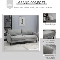 HOMCOM Canapé 3 Places Style Contemporain assises Larges Profondes accoudoirs courbés piètement effilé Bois hévéa Noir Polyester Gris Clair(m-5)