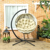Outsunny Hanging Egg Chair Outdoor Indoor Garden Swing Chair with Folding Basket, Garden Hanging Chair with Stand, Thickened Cushion, Cup Holder for Patio, Balcony, Khaki(m-10)