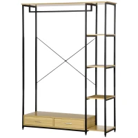 HOMCOM Appendiabiti in Stile Industriale con 2 Cassetti e 4 Ripiani Aperti in Dotazione, in Acciaio e Truciolato, 130x40x180cm, Color Legno e Nero(m-10)