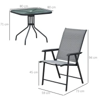 Outsunny Garden Patio 5pcs Dining Set Outdoor Furniture 4 Folding Chairs, Glass Top Table with Parasol Hole, Texteline Seats Grey(m-3)