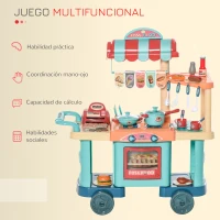 HOMCOM Cocina de Juguete para Niños de 3-6 Años con Ruedas Caja Registradora y Accesorios 79,5x33x90,5 cm Multicolor(m-5)