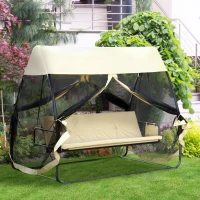 Outsunny Balancelle de Jardin Convertible 3 Places Grand Confort : Matelas Assise Dossier, moustiquaire intégrale zippée avec Toit, Pochette Rangement métal époxy Polyester Beige(m-2)