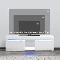 HOMCOM Meuble banc TV, meuble de télévision, jusqu'à 55 pouces, avec LED, étagères et placards, 150 x 38 x 45 cm, blanc laqué(m-5)