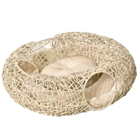 PawHut Cama para Gatos de Ratán 78x69x22 cm Cesta para Gatos Rolliza con Cojín Suave 3 Orificios de Acceso Túnel para Gatos Madera Natural(m-10)