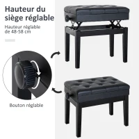 HOMCOM Banc de piano, banc de clavier réglable en hauteur en bois massif, tabouret piano avec compartiment caché, siège rembourré polyuréthane à 10 boutons, stable et antidérapant, charge 200kg, noir(m-4)