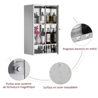 HOMCOM Armoire miroir rangement salle de bain meuble mural  acier inox. Argent dim. 38L x 20l x H60 cm(m-5)