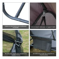 Outsunny Balancelle de Jardin Convertible 3 Places Grand Confort : Matelas Assise Dossier, moustiquaire intégrale zippée avec Toit, Pochette Rangement métal époxy Polyester Gris(m-6)