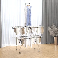 HOMCOM Séchoir à linge étendoir pliable avec roulettes grand espace d'étendage acier inoxydable 138,5 x 63 x 208 cm argent noir(m-2)