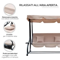 Outsunny Dondolo da Giardino 3 Posti Convertibile in Letto a Dondolo, Tetto e Struttura in Acciaio, 200x120x164cm Marrone Chiaro(m-5)