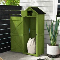 Outsunny Small Shed, Tall Slim Wooden Garden Shed with 3 Removable Shelves and Roof Hatch, Compact Outdoor Tool Storage Cabinet with Asphalt Roof and Door Latch, 77 x 54.2 x 179 cm, Green(m-11)