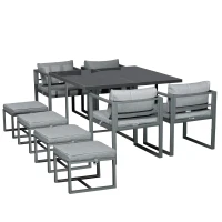 Outsunny 9PCs Patio Aluminium Dining Set, Space Saving Cube Set with 4 Chairs, 4 Ottoman, Cushions, 8 Seater Garden Furniture(m-15)