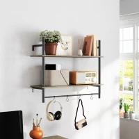 HOMCOM Wall Mounted Floating Shelves with 4 Hooks, Rustic Wall Shelf Unit for Living Room, Entryway, Grey(m-10)