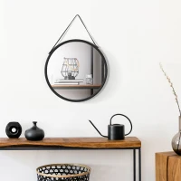 HOMCOM Espejo Decorativo de Pared 30x30 cm Espejo Redondo de Metal con Cinturón para Salón Entrada Estilo Moderno Negro(m-6)