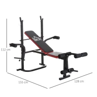HOMCOM Panca Multifunzione Stazione Fitness con Schienale Regolabile, Leg Curl e Porta Bilanciere, 128x155x112cm, Nero e Rosso(m-3)