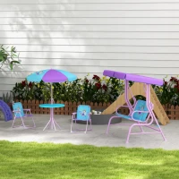 Outsunny 4PCs Kids Garden Furniture Set w/ 2 Seater Garden Swing Chair with Adjustable Canopy, Childrens Table and Chair Set with Parasol, for Toddler Girls 3-6 Years Old(m-2)
