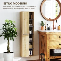 HOMCOM Columna de Baño de Pared Armario de Baño con Compartimentos Abiertos y 2 Puertas 40x24x141,5 cm Natural(m-6)