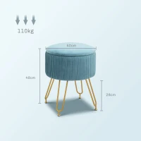 HOMCOM Puff Almacenaje Tapizado en Terciopelo Banco de Almacenaje con Patas de Acero Ø40x48 cm Azul Claro(m-3)