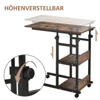 HOMCOM Beistelltisch mit Rollen, höhenverstellbar, kompakt, 2 Ablageböden, Metallrahmen, 80x40x72-82 cm, Braun/Schwarz(m-6)