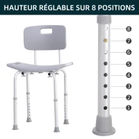 HOMCOM Chaise de Douche siège de Douche Ergonomique Hauteur réglable Pieds antidérapants Charge Max. 136 Kg alu HDPE Gris(m-4)