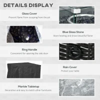 Outsunny Outdoor PE Rattan Gas Fire Pit Table, Patio Square Propane Heater with Marble Desktop, Rain Cover, Glass Windscreen, and Glass Stones, 50,000 BTU, Black(m-6)