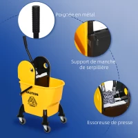 HOMCOM Chariot d'entretien avec seau, Accessoire de ménage 26L avec essoreur, sur roulette, jaune 60L x 27l x 71H cm(m-6)