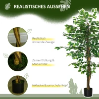 HOMCOM Ficusbaum Kunstpflanze, naturgetreu, 150 cm hoch, mit Topf, Grün(m-4)